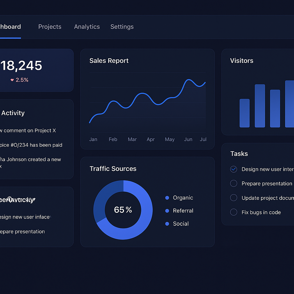 Dark-themed analytics dashboard with charts and KPIs