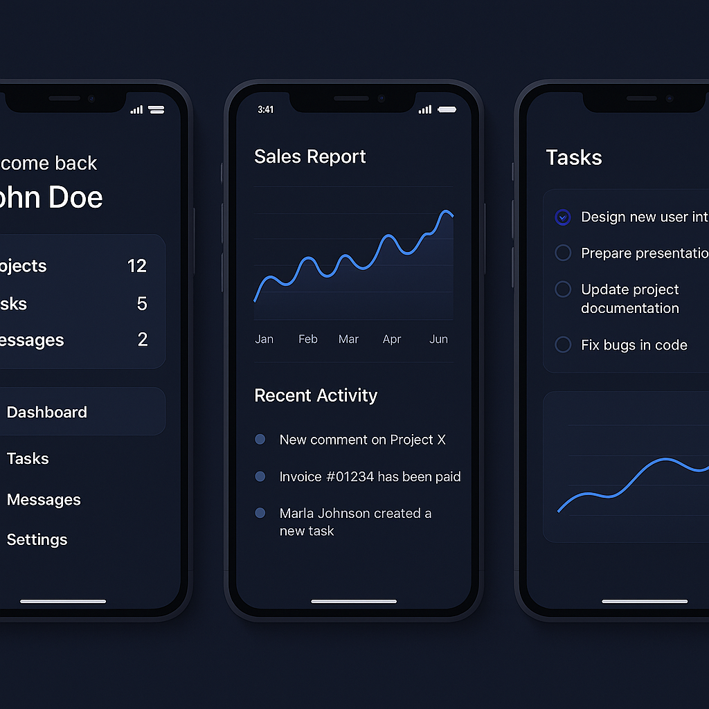 Three modern mobile app screens showcasing kiosk and field workflows
